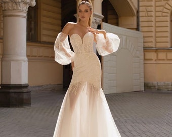 Sexy Sparkling Sleeveless Strapless Fit and Flare Wedding Dress Bridal Gown Sweetheart Neckline Bustier Corset Detachable Balloon Sleeves