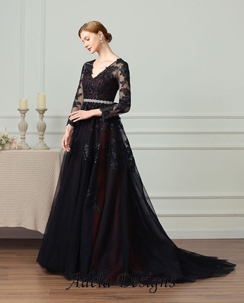 Black And Red ALine Lace Gown Gothic Wedding Dress Bridal V image 1