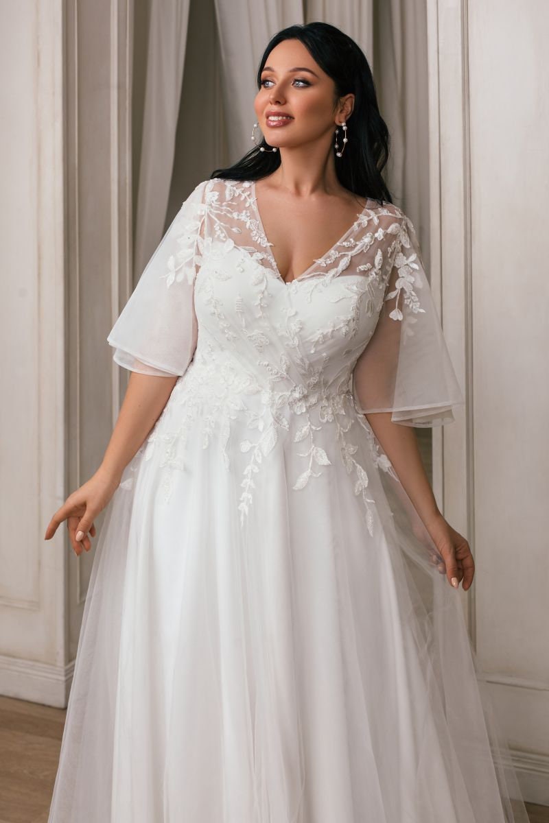 Classic Aline V Neck Short Flutter Cape Sleeves Illusion Back Wedding Dress  Bridal Gown Plus Size With Train -  Canada