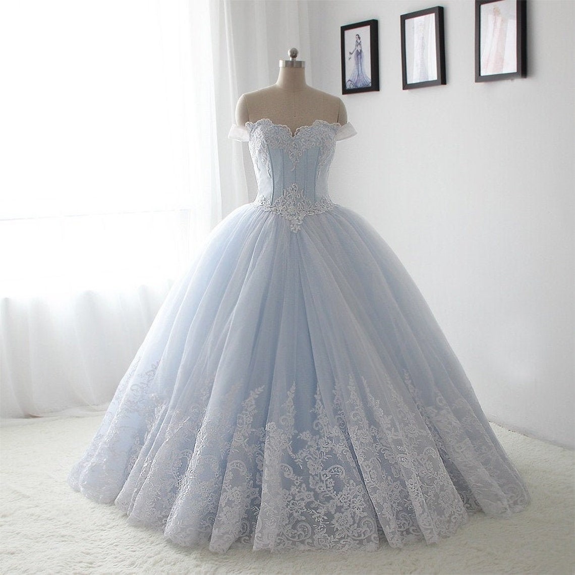 Beautiful Blue Princess Off the Shoulder Ball Gown Lace image 1