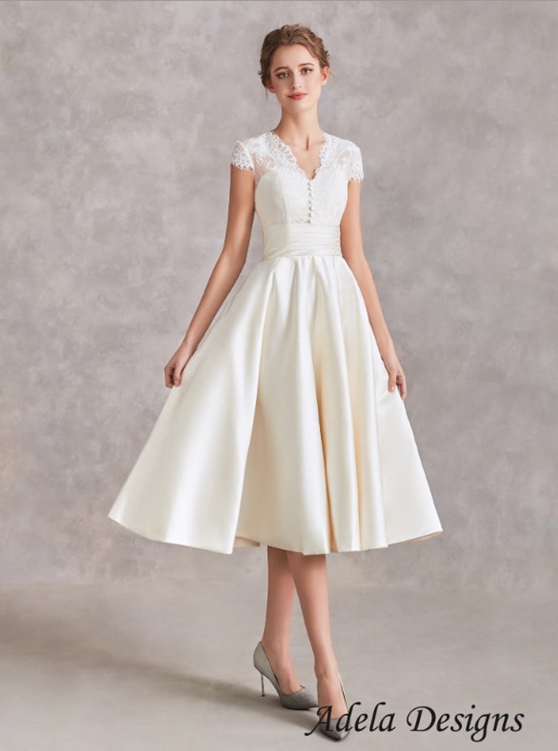 Satin Short Wedding Dress Bridal Gown Tea Length Lace Midi - Etsy