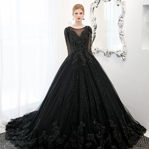 Black Gothic Ball Gown Wedding Dress Bridal Gown Long Sleeves Sparkle ...