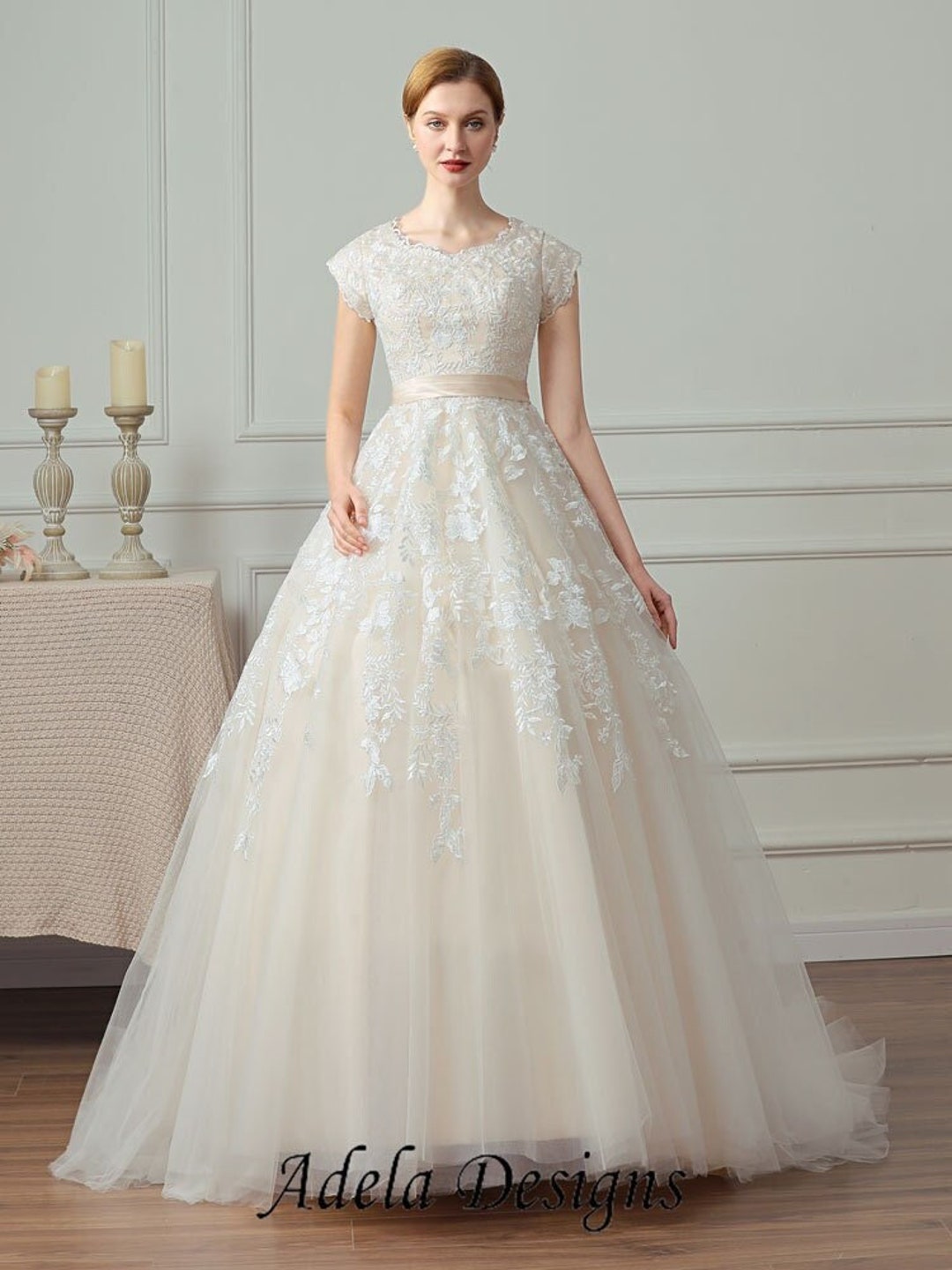 Half Sleeve Lace Wedding Dresses Deep V-Neck Chic ZW467 – TANYA BRIDAL