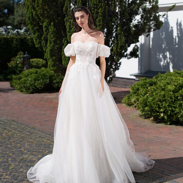 Charming Off-Shoulder Wedding Dress with 3D Floral Lace Detailing and Sheer Sleeves - Romantic Tulle Aline Bridal Gown