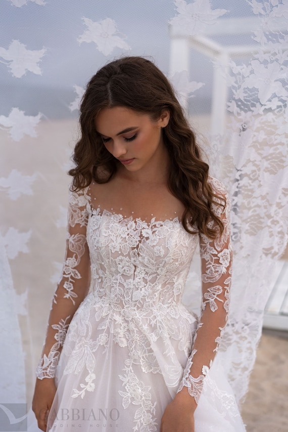 Classic Floral Lace Aline Long Sleeve Square Neckline Illusion Back Wedding  Dress Bridal Gown -  Canada