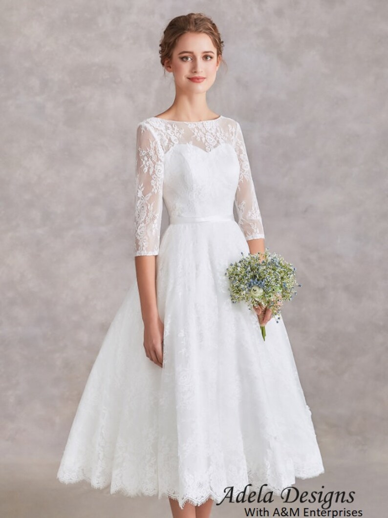 Vintage Style Tea Length Short Lace Wedding Dress Bridal Gown Midi 