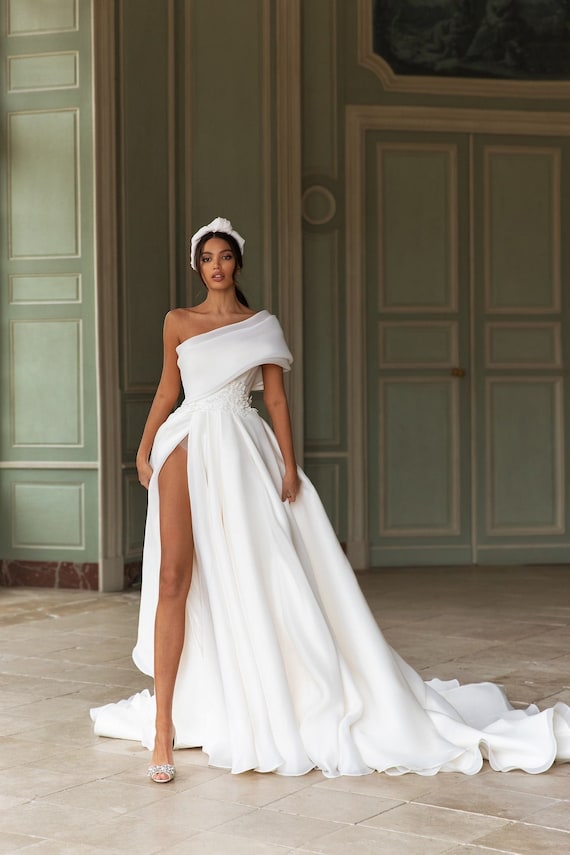 Minimalist One Shoulder Aline With Lace Hand Beading Wedding Dress