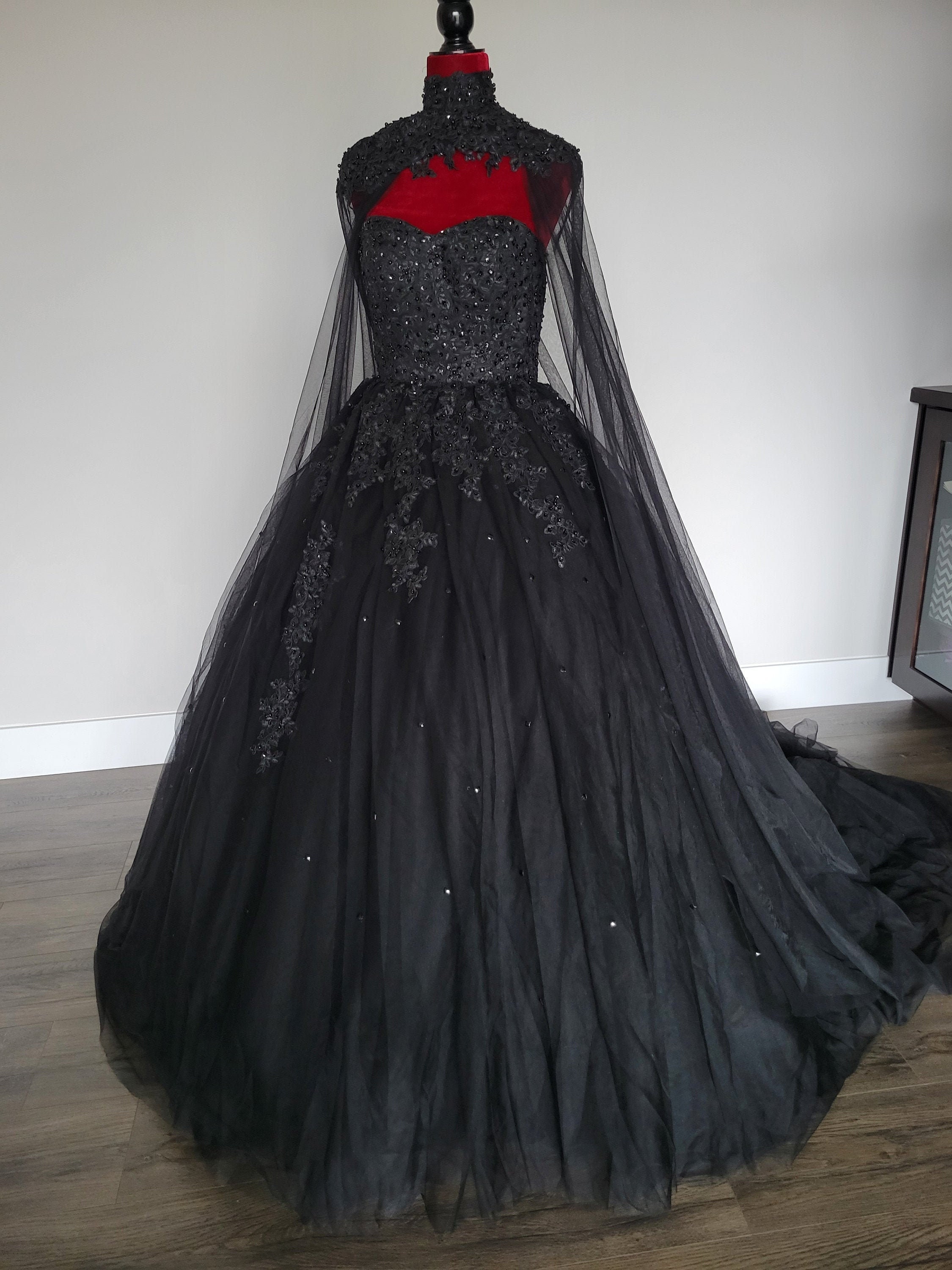 Gothic Black Full Ballgown with High Neck Veil Wedding Dress | Etsy