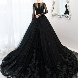 Black Gothic Ball Gown Wedding Dress Bridal Gown Long Sleeves Sparkle ...