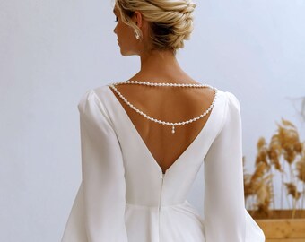 Minimalist Aline Long Bishop Sleeve V Neckline Open Back Beaded Threads Chiffon Wedding Dress Bridal Gown