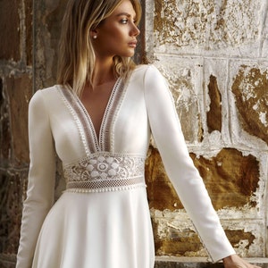 Custom Crepe Wedding Dress with Long Sleeves, Minimalist Boho Aline V Neckline Modest Closed Covered Back Crepe Wedding Dress Bridal Gown