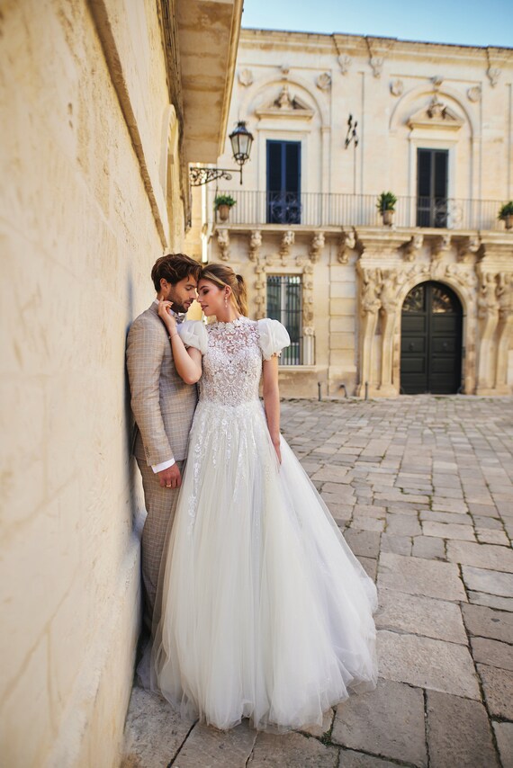 Beautiful Floral Lace High Neckline Short Sleeve Wedding Dress