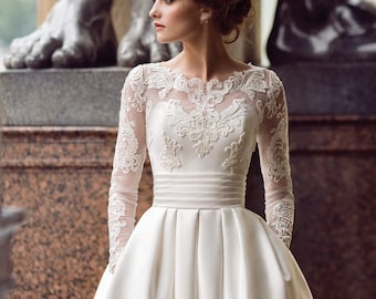 Original Beautiful Classic Ball Gown A line Long Sleeve Lace Off White Wedding Dress Bridal Gown Mikado