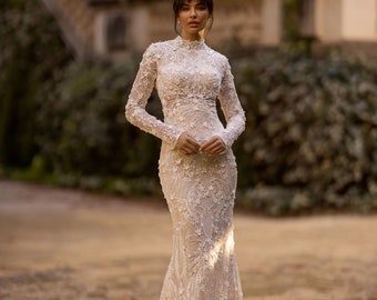 Abito da sposa a maniche lunghe con scollo alto in stile vintage di lusso, abito da sposa, pizzo avorio, chiusura posteriore, strascico aderente modesto