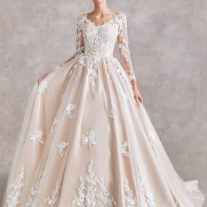 Champagne Ball Gown Wedding Dress Bridal Gown Lace Long Illusion Sleeves Full Skirt Contrasting Lace V Neckline Open Back image 2