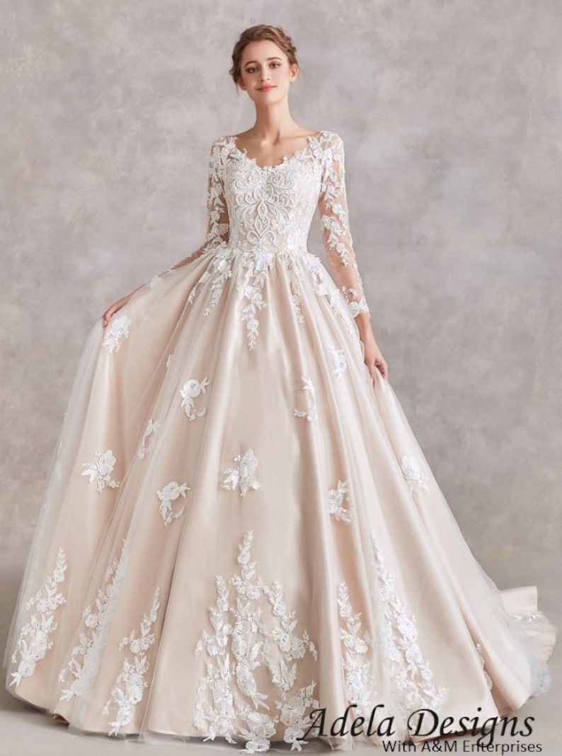 Champagne Ball Gown Wedding Dress Bridal Gown Lace Long Illusion Sleeves Full Skirt Contrasting Lace V Neckline Open Back image 2
