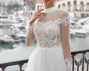 Original Beautiful Aline Wedding Dress Bridal Gown Long Sleeve High Neckline Tulle Skirt Lace Bodice Unique Design