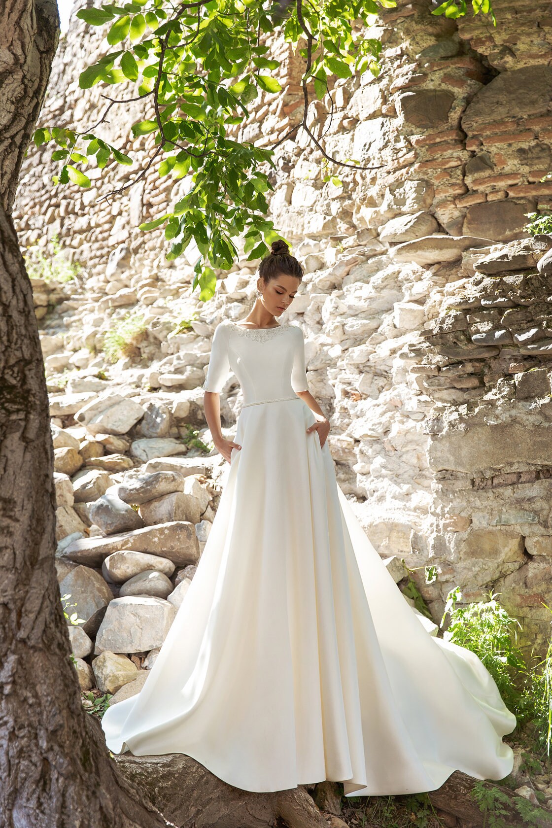 Long sleeve mikado wedding hot sale dress