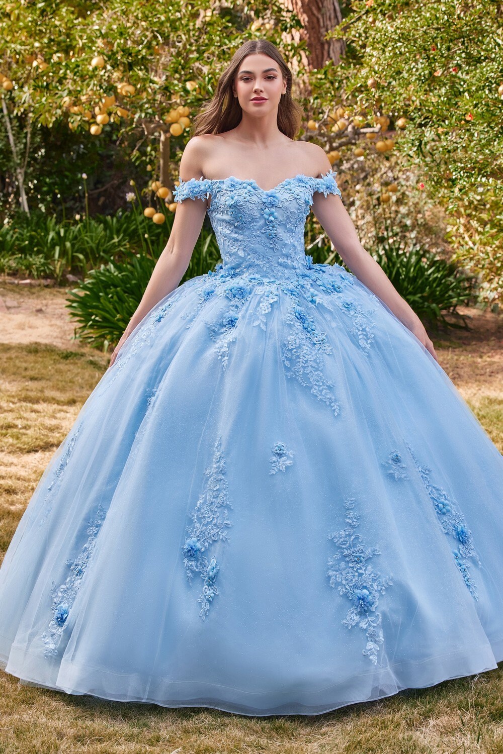 Viniodress Light Blue Tulle Quince Dresses 3D Flower Off The Shoulder Cinderella Ball Gown 66706 Custom Colors / US10