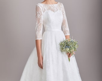 Vintage Style Tea Length Short Lace Wedding Dress Bridal Gown Midi