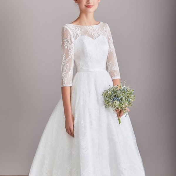 Vintage Style Tea Length Short Lace Wedding Dress Bridal Gown Midi