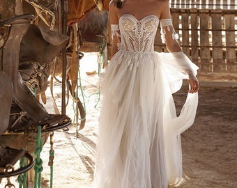 Custom Made Beautiful Boho Stretch Sleeveless Sweetheart Open Back Wedding Dress Bridal Gown Simple ALine Removable Cuffs