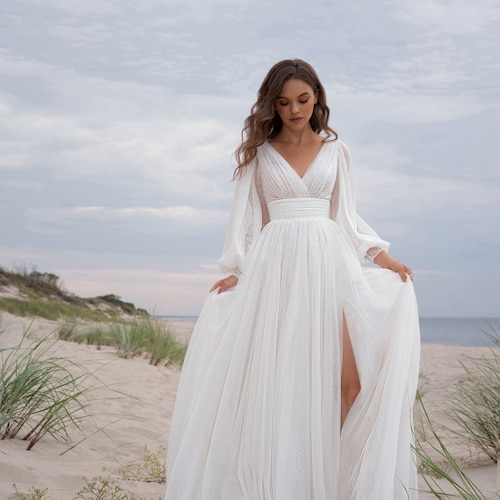 Sleeve Bridal Dress With Belt Satin Romantic Wedding Etsy