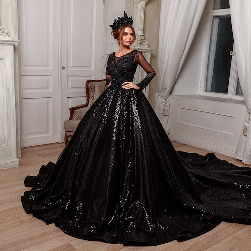 Black Gothic Ball Gown Wedding Dress Bridal Gown Long Sleeves - Etsy