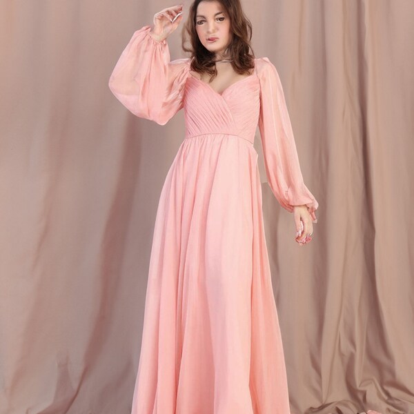 Beautiful Unique Jewel Tone Long Sleeve Chiffon Aline Dress Off the Shoulder Sweetheart Neckline Prom Formal Gown Bridesmaid Dress