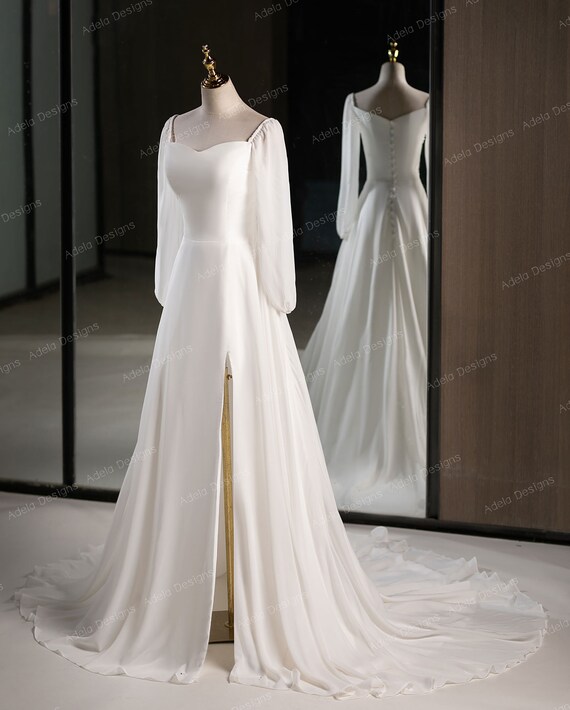 Vintage Style Aline Chiffon Wedding Dress Bridal Gown Long Sleeve Button  Back Train Minimalist Simple Desgin 