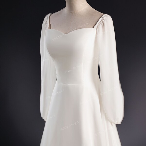 Vintage Style Aline Chiffon Wedding Dress Bridal Gown Long Sleeve Button Back Train Minimalist Simple Desgin