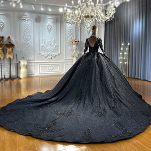Luxury Black Long Sleeve Lace Appliques Wedding Dress Bridal Gown Full ...