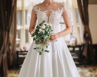 Beautiful Aline Lace Bodice Wedding Dress Bridal Gown Short Cap Sleeves Illusion Sweetheart Neckline Pearls Crystals Open Back Satin Skirt