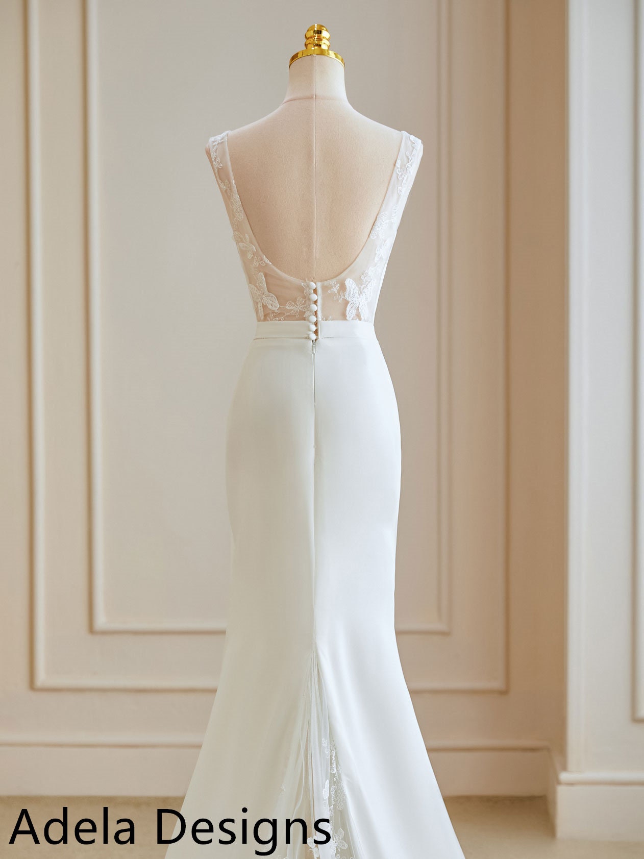 Straight Neckline Crepe Bridal Gown with Cutout Lace Train Moonlight Tango  T964