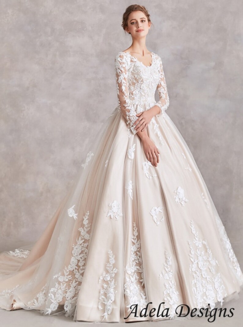 Champagne Ball Gown Wedding Dress Bridal Gown Lace Long Illusion Sleeves Full Skirt Contrasting Lace V Neckline Open Back image 4