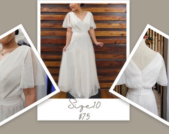 Classic Simple Aline Floor Length Short Flutter Sleeves Wedding Dress Bridal Gown V Neck V Back Quick Ship Sample Size 10