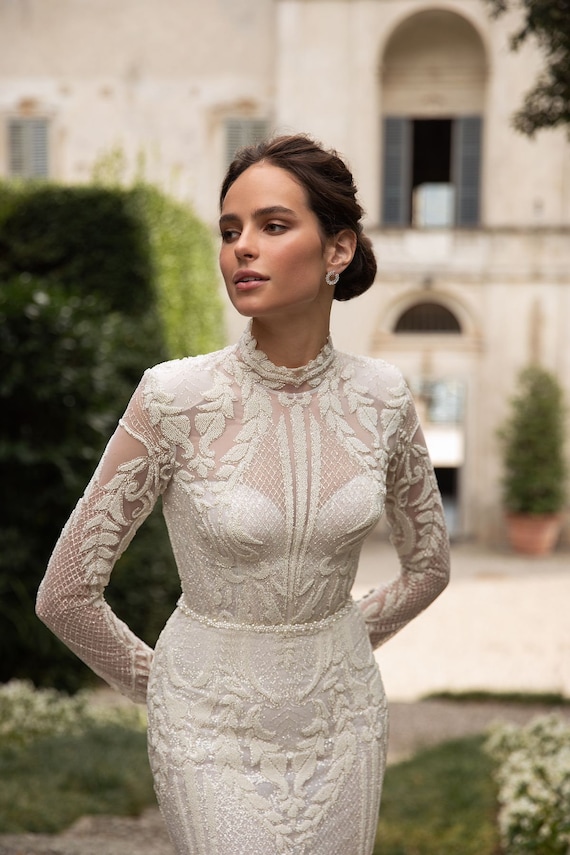 Luxury Vintage Style High Collar Neckline Long Sleeve Modest Fitted Mermaid  Wedding Dress Bridal Gown With Detachable Train All Over Lace -  Canada