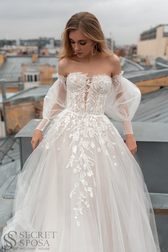 Romantic Off-the-shoulder Detachable Puff Bishop Sleeves Bustier Corset Top  Sleeveless Wedding Dress Bridal Gown Aline Sparkle Plunging -  Canada