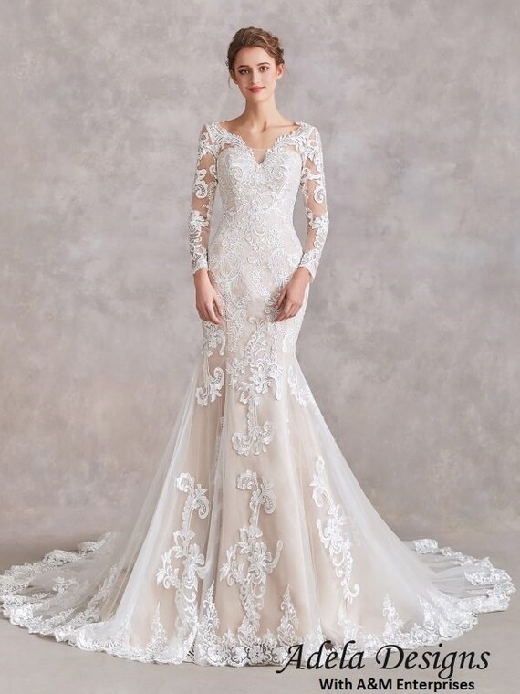 Contraste encaje ajustado Vestido de novia Vestido de novia | Etsy España