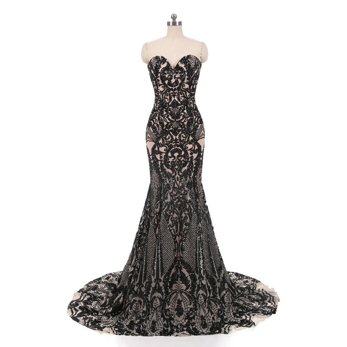 Vintage Black Lace Mermaid Trumpet Wedding Dress Sequin Sheer Black/Nude