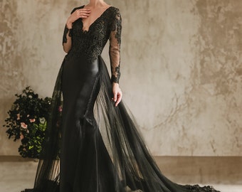 Beautiful Luxury Black Satin Mermaid Fit and Flare Gothic Wedding Dress Bridal Gown Detachable Train V Neck Illusion Sleeves Illusion Back