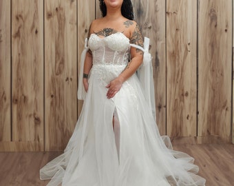 Breathtaking Wedding Dress Bridal Gown Corset Bustier Bodice Lace Appliques Aline Short Train Open Off the Shoulder Tie Sleeves Side Slit