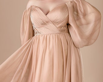 Beautiful Unique Jewel Tone Long Sleeve Chiffon Aline Dress Off the Shoulder Sweetheart Neckline Prom Formal Gown Bridesmaid Dress