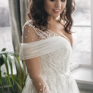 Custom Made Illusion Off the Shoulder Long Sleeve ALine Plus Size Wedding Dress Bridal Gown with Slit and Train