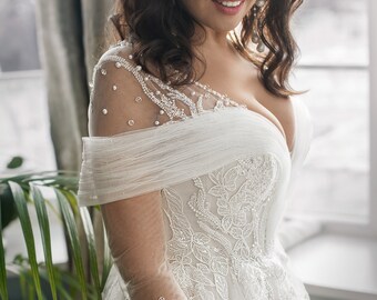 Custom Made Illusion Off the Shoulder Long Sleeve ALine Plus Size Wedding Dress Bridal Gown with Slit and Train