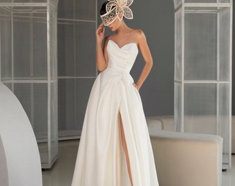 Modern Simple Minimalist Sleeveless Strapless Aline wedding Dress Bridal Gown with Side Slit Mikado Open Back