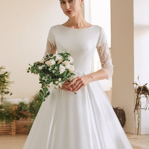 Modest Satin Wedding Dress Bridal Gown With Sheer Lace Sleeves Pockets 3 Quarter Sleeves Buttons High Back ALine