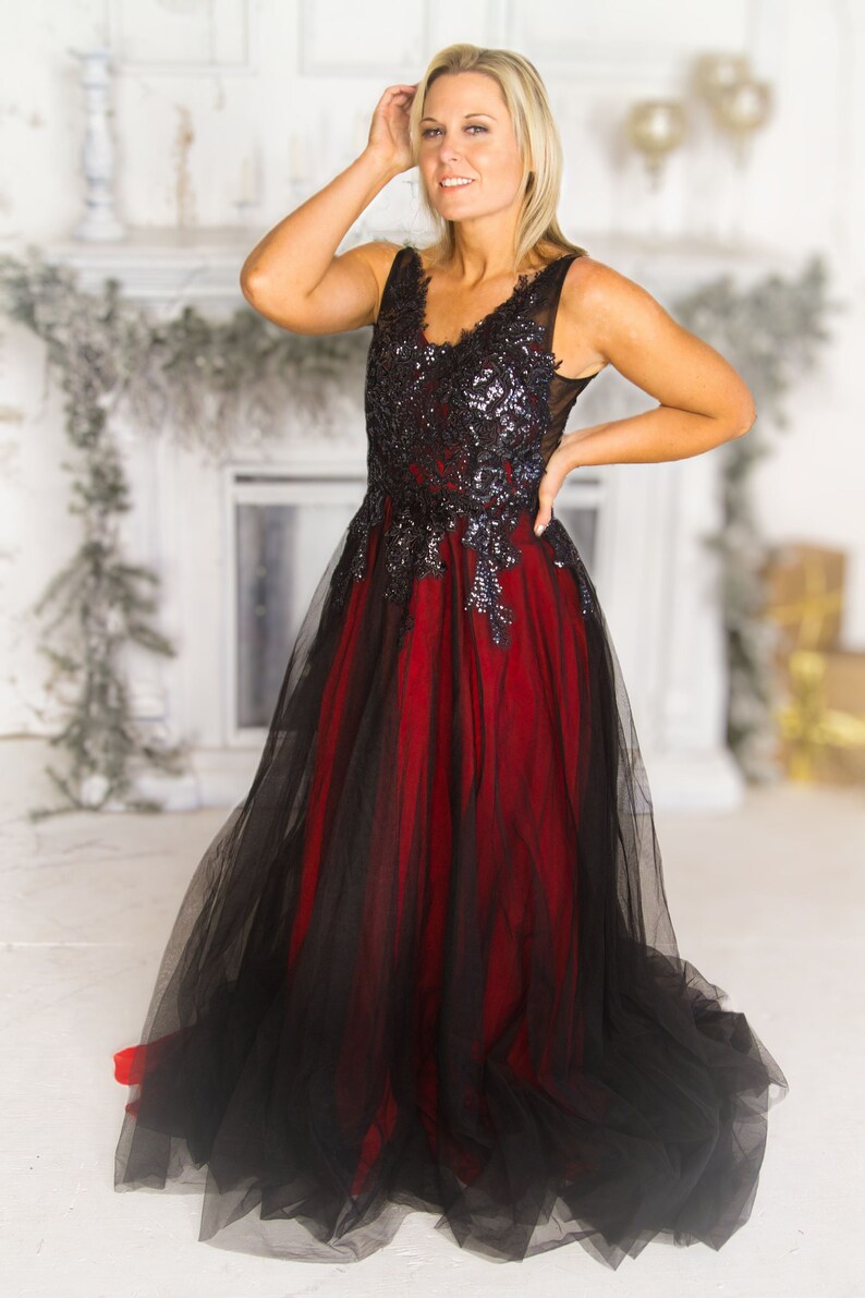 Gothic Red and Black Sequined Lace ALine Sleeveless Tulle image 1