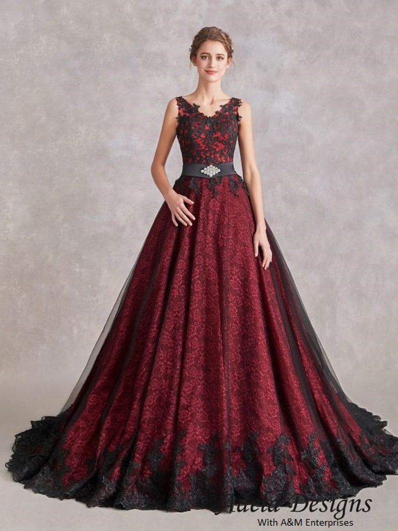 Gothic Style Black Red Wedding Dress Bridal Gown Sleeveless image 1