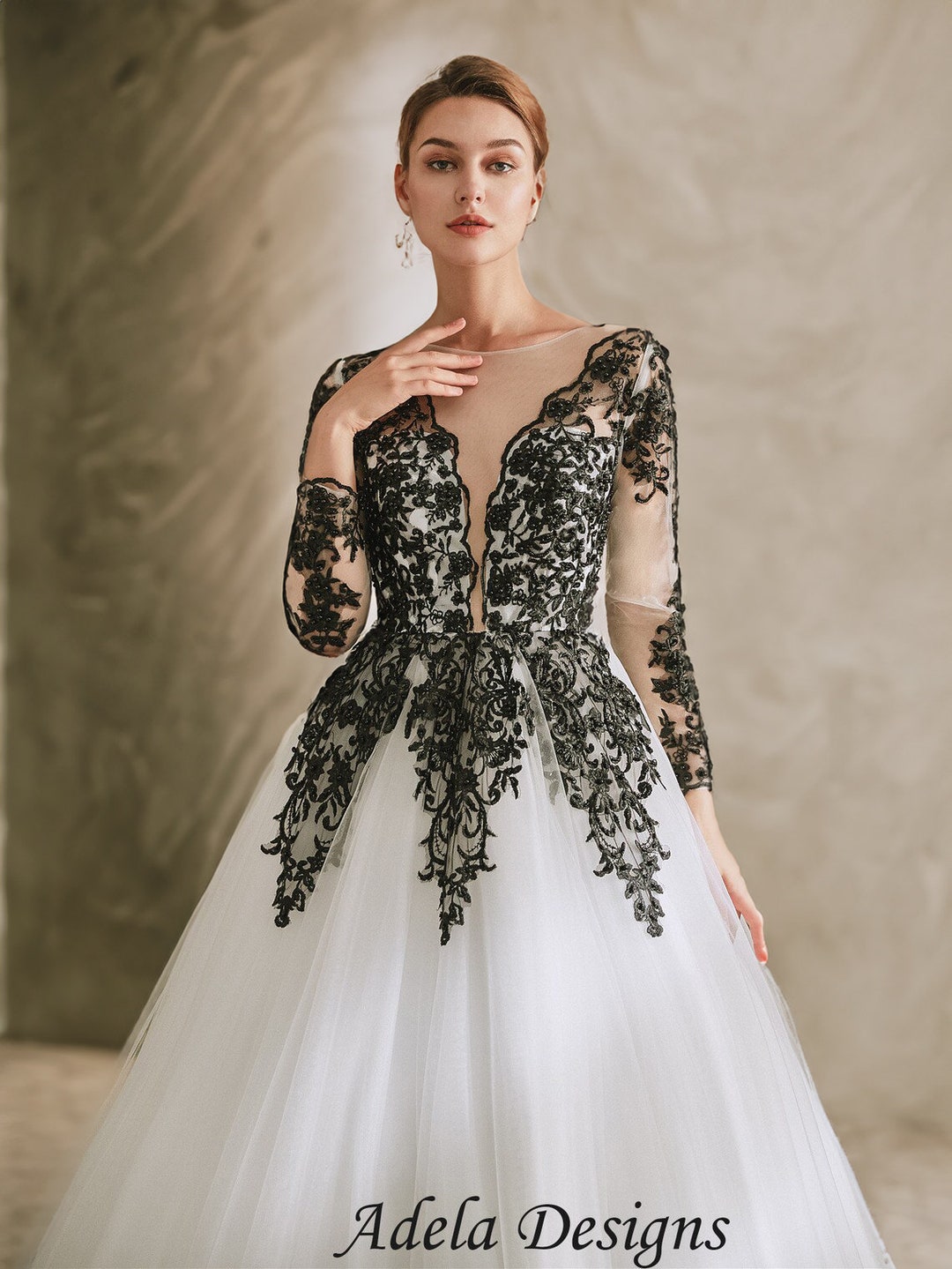 Untraditional Black and White Ball Gown Gothic Wedding Dress photo